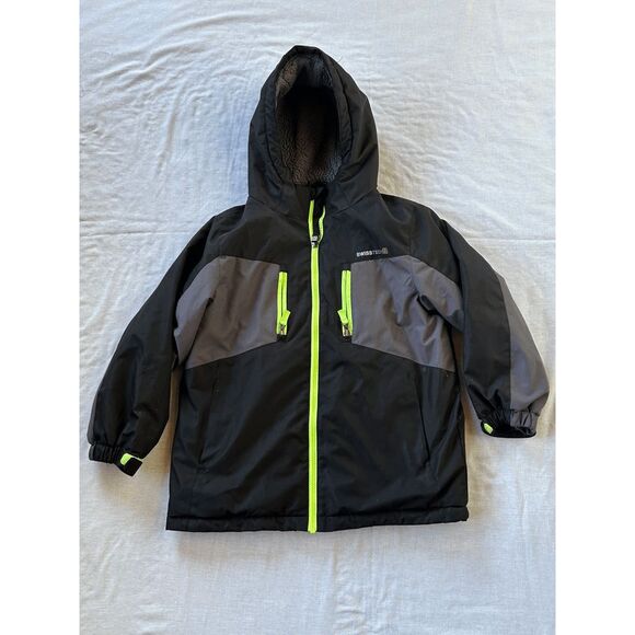Boys Size 8 SwissTech Winter Coat, Black/Yellow, Hood, Pockets - Picture 1 of 5